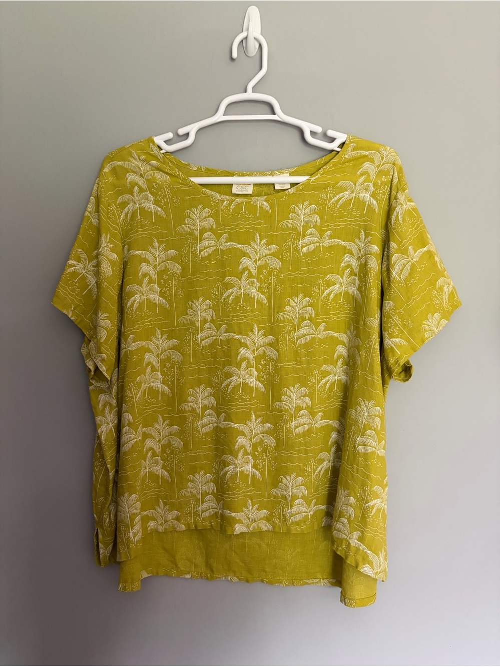 C & C California 100% Linen Top Women’s 3X Yellow Tropical Palm Trees Coastal